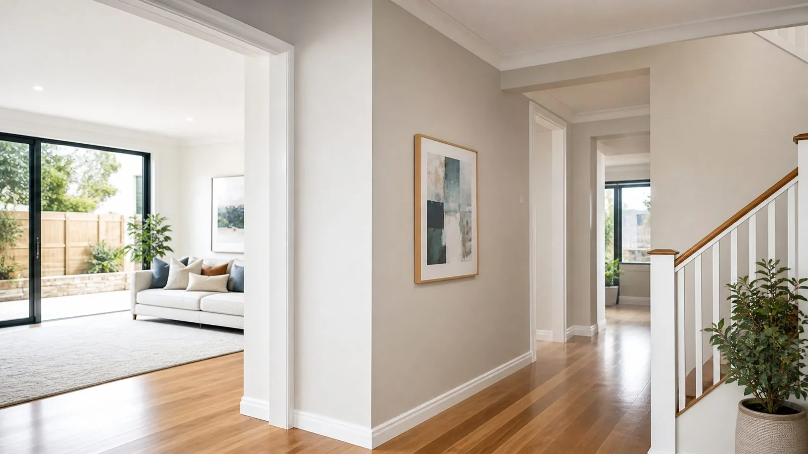 Furnished living room with a rug beside a timber-floored hallway and sliding doors