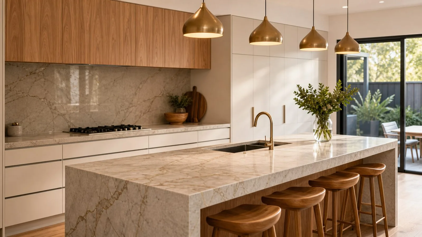 Kitchen with an island, cupboards, sink, splashback and cooktop showing several separate cleaning areas